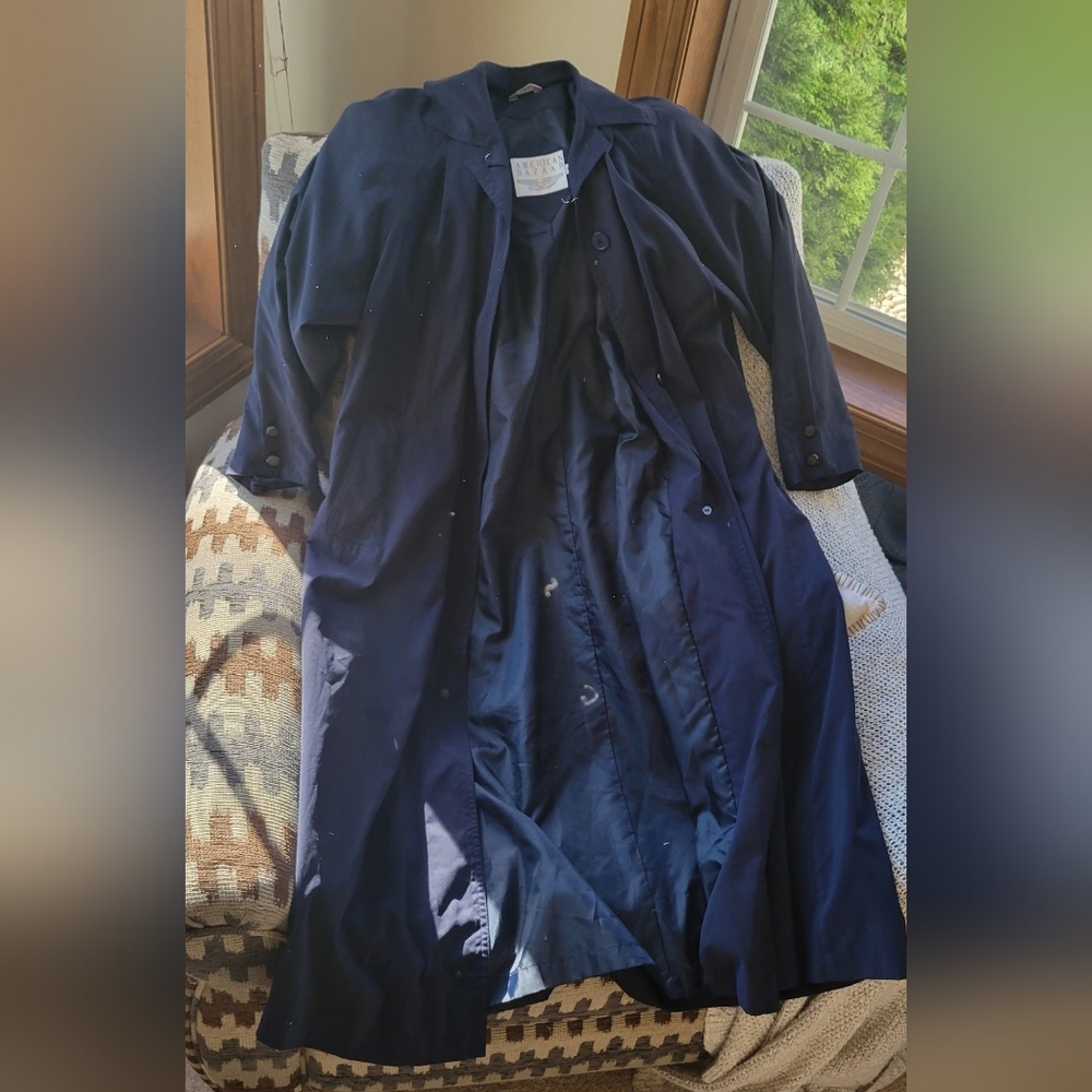 Vintage American Bazaar Navy Blue Long Trench Coat women's size 6 Preowned.